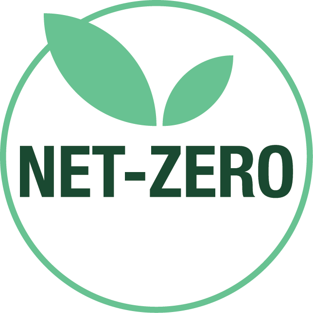 Illustration of two leaves, underneath are the words Net Zero.
