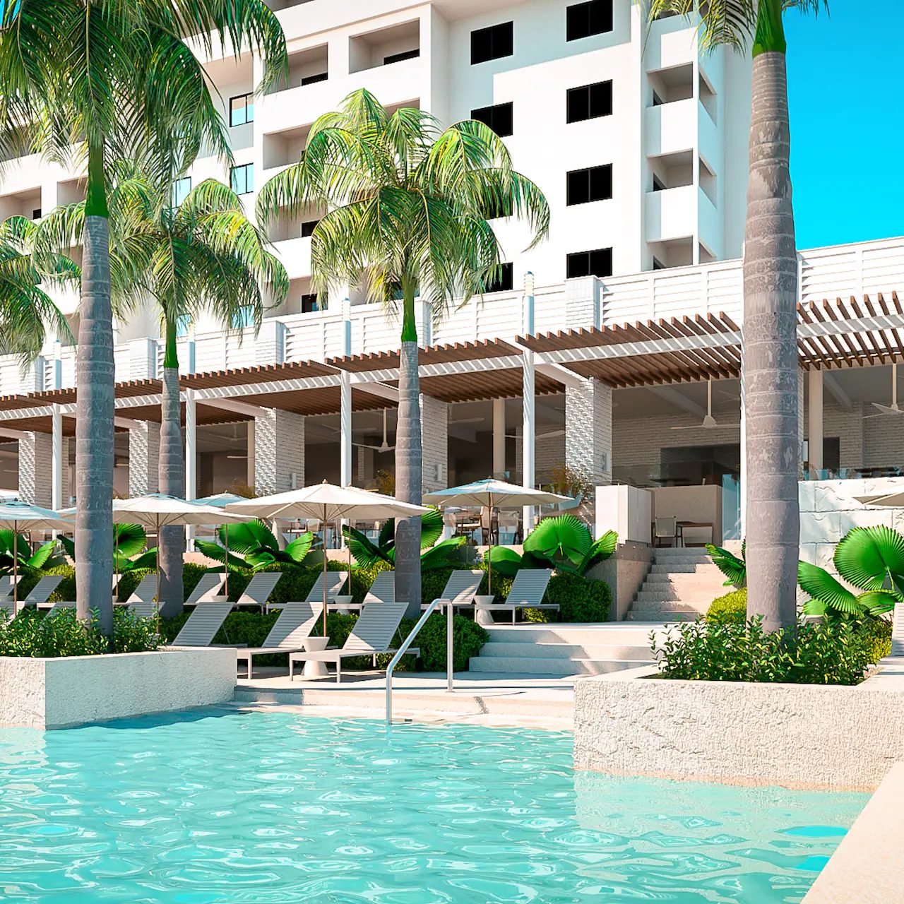 Body of water, Swimming pool, Plant, Building, Property, Window, Green, Azure, Tree