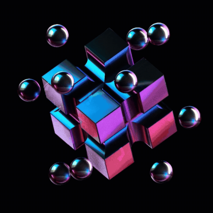Animated iridescent cubes and spheres rotating on a black background.
