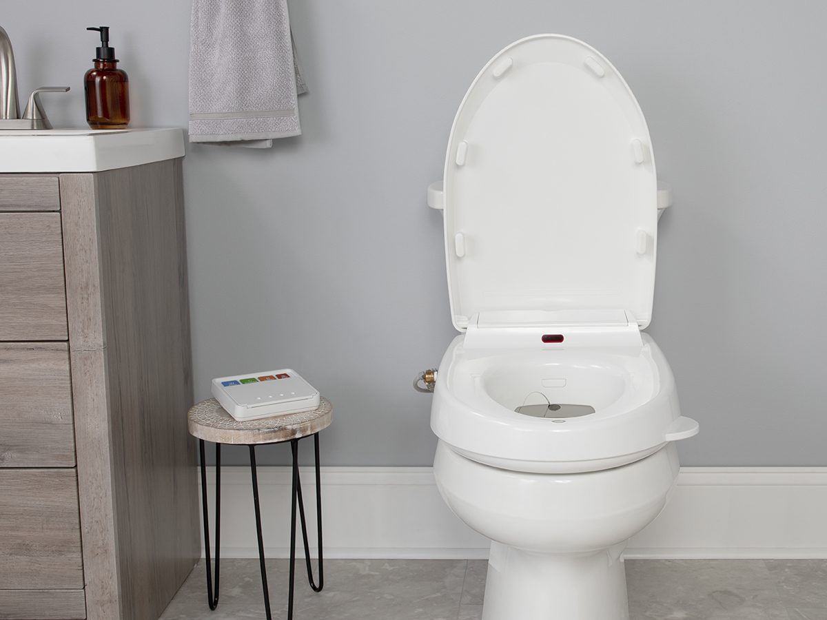 Toilet seat, Plumbing fixture, Product, Bathroom, Purple, Building, Floor