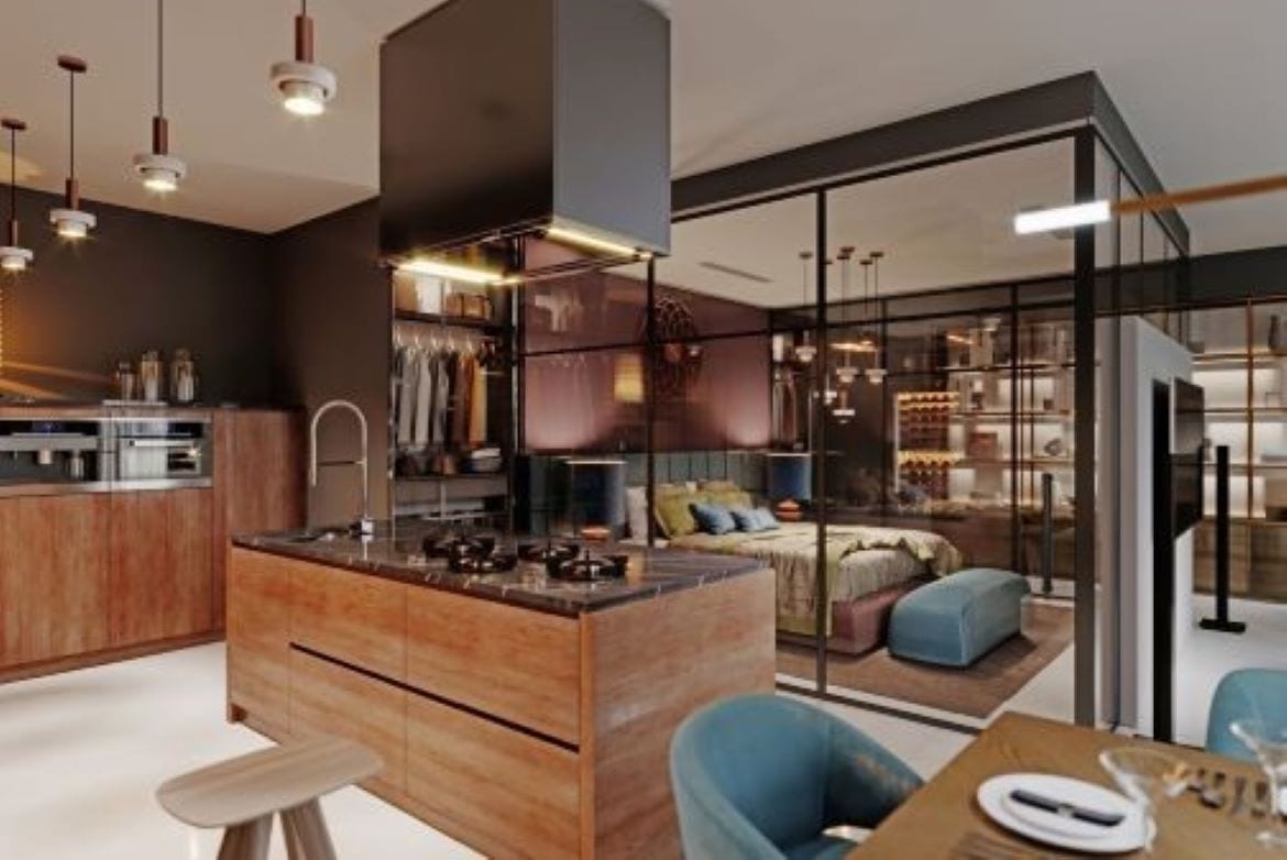 Interior design, Kitchen appliance, Cabinetry, Property, Furniture, Countertop, Table, Wood, Lighting