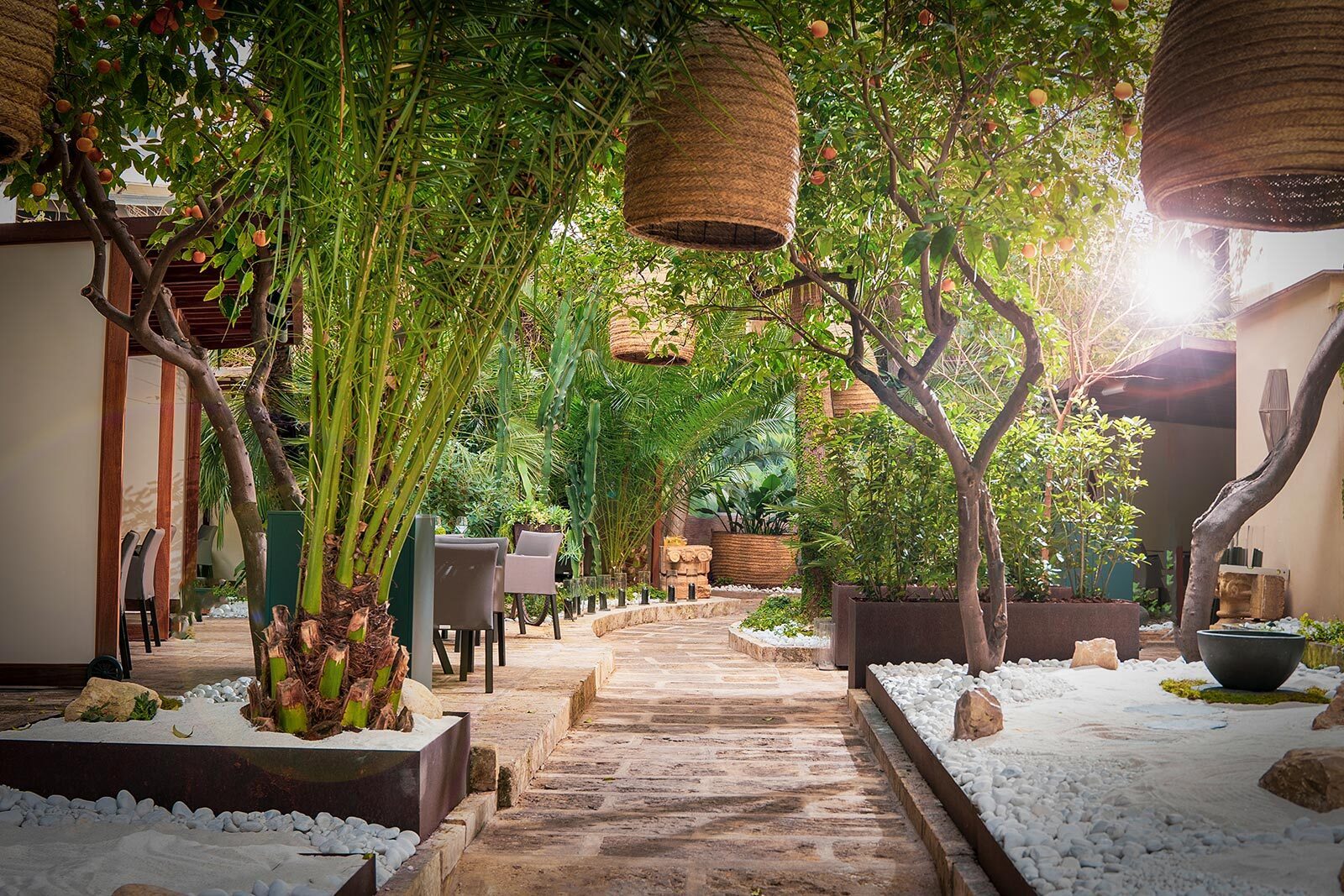 Outdoor furniture, Plants, Wood, Garden, Lighting, Chair, Backyard, Shade, Resort