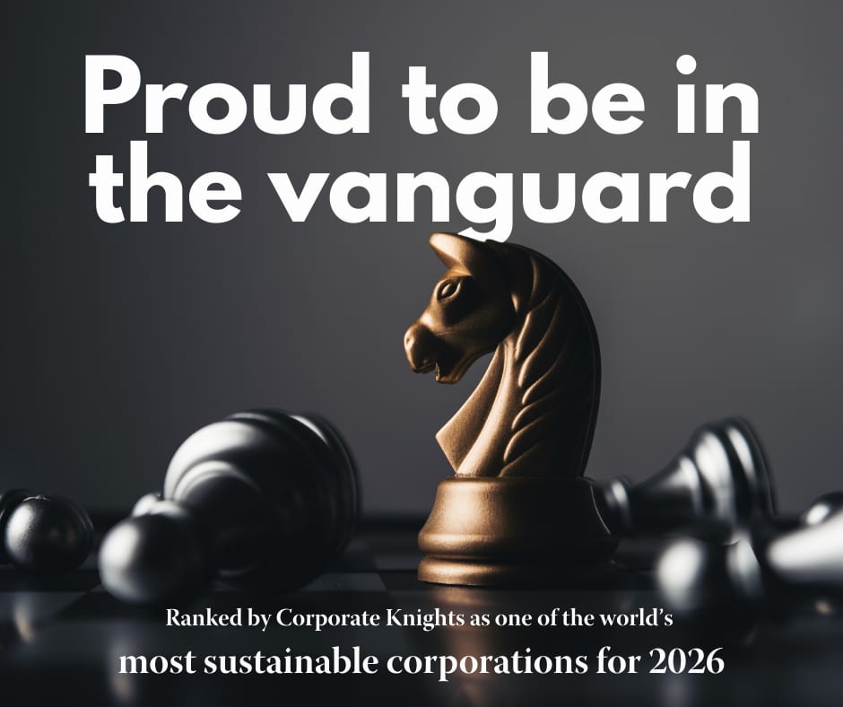 Golden chess knight stands on a board with fallen pieces, alongside text about sustainability ranking.