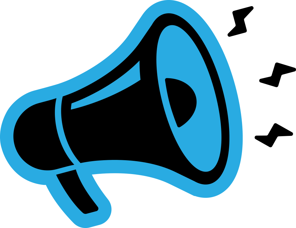 Black megaphone with blue outline and sound waves.