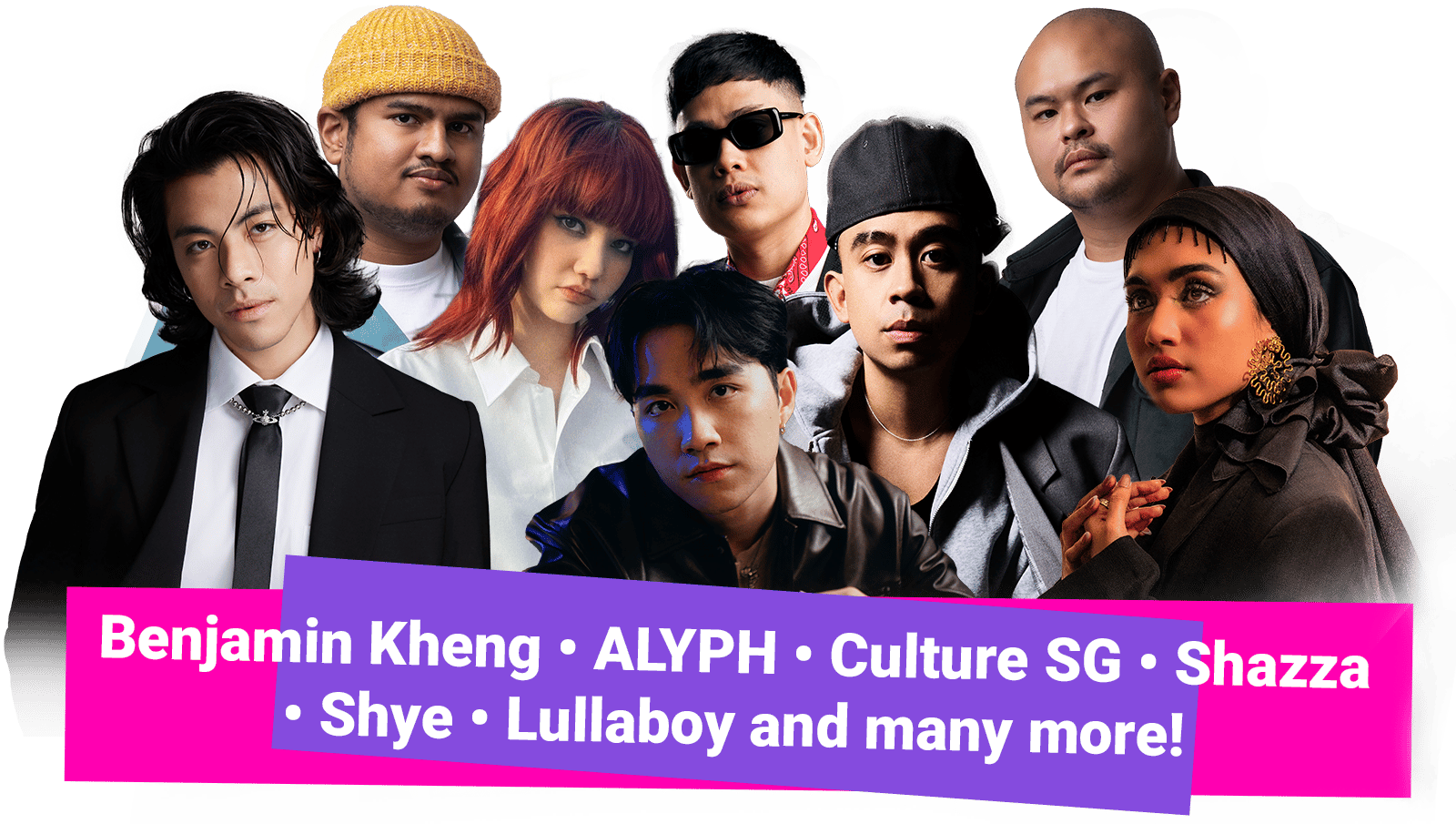 Group portrait of diverse musicians: Benjamin Kheng, ALYPH, Culture SG, Shazza, Shye, Lullaboy, & more.