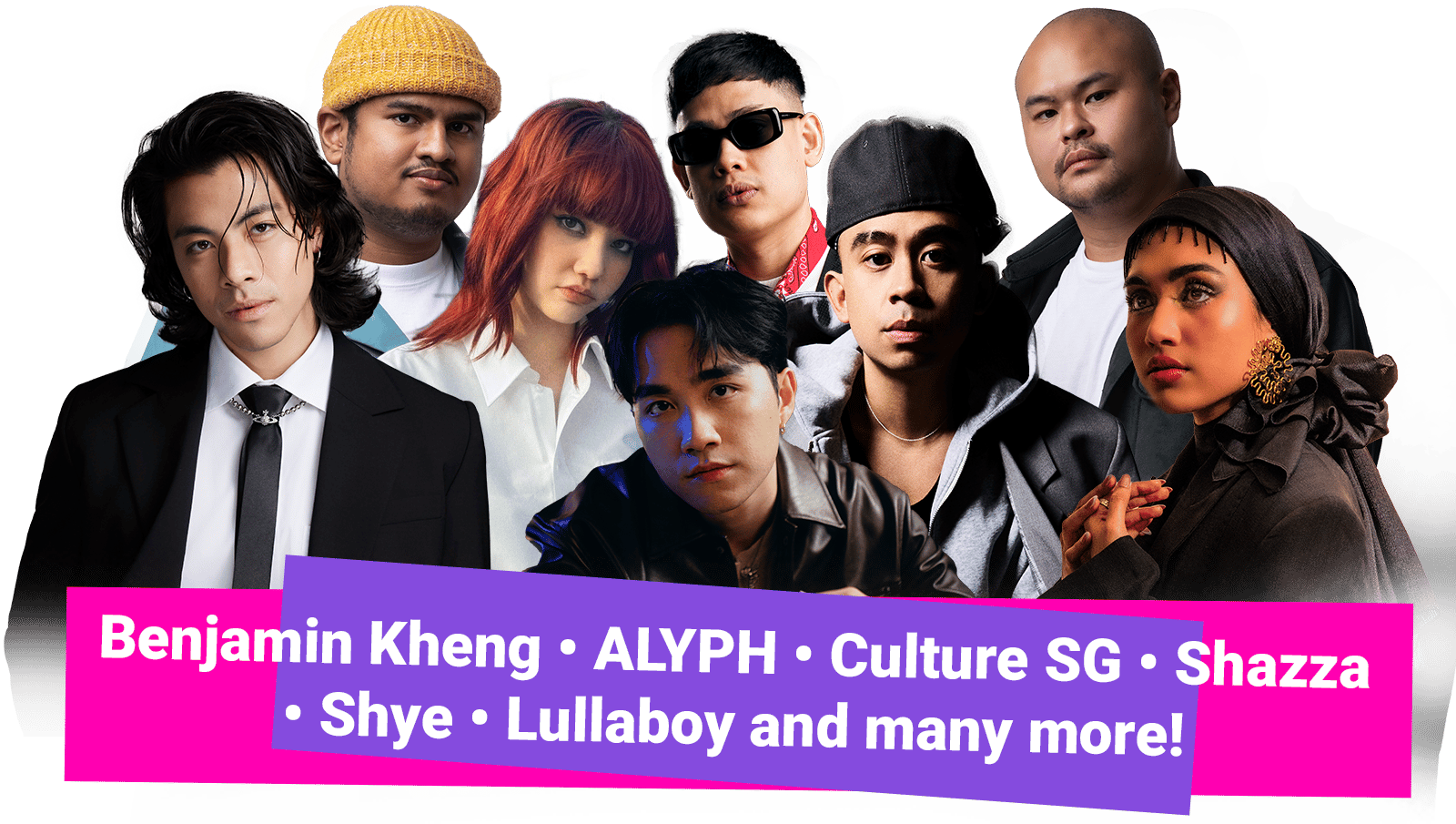 Diverse artists with text: Benjamin Kheng, ALYPH, Culture SG, Shazza, Shye, Lullaboy & more.