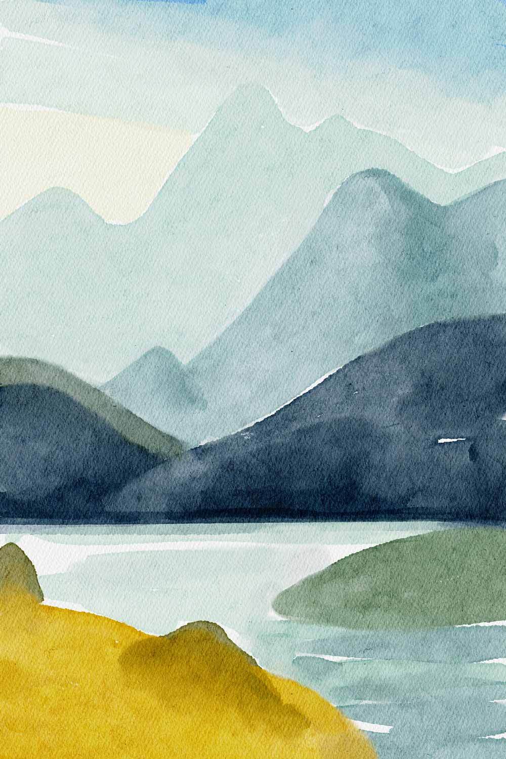 Natural landscape, Sky, Mountain, Ecoregion, Slope, Water, Paint, Highland, Painting, Art