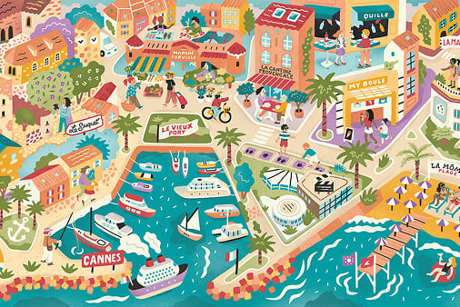 A vibrant, colorful cartoon map of Cannes, France, featuring its port, market, film festival area, and beach.