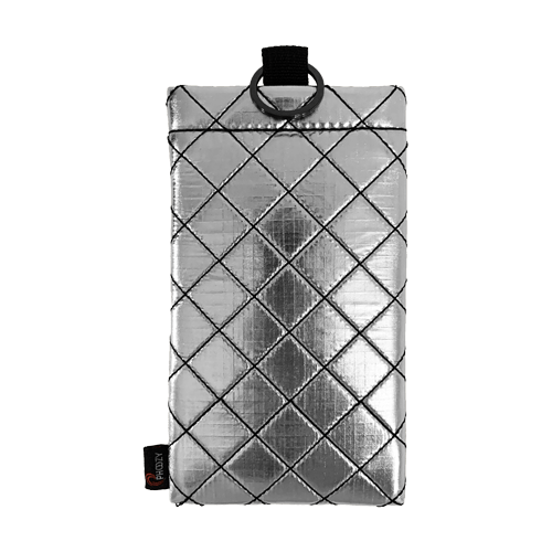 Silver quilted pouch with black stitching, black ring, and PHOZY tag.