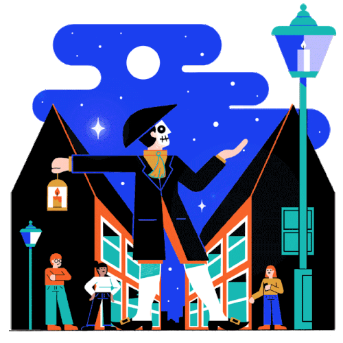 Giant skeletal figure with lantern walks at night, watched by small people among houses.