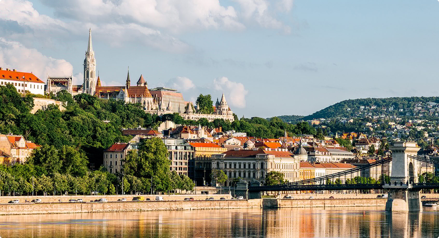 Budapest: Danube River, Chain Bridge, Matthias Church, and Fisherman's Bastion on Buda Hill.