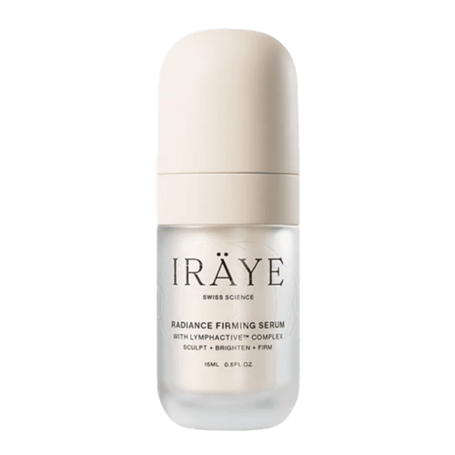 White and clear Iräye Radiance Firming Serum bottle with "Swiss Science" and product details.