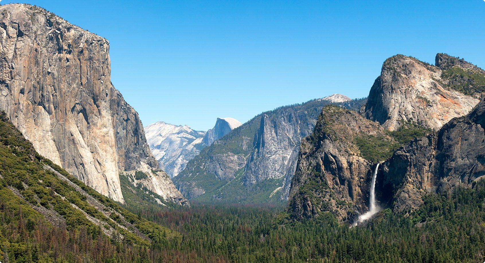 Yosemite Valley panorama: El Capitan, Half Dome, Bridalveil Fall, pine forest under a blue sky.