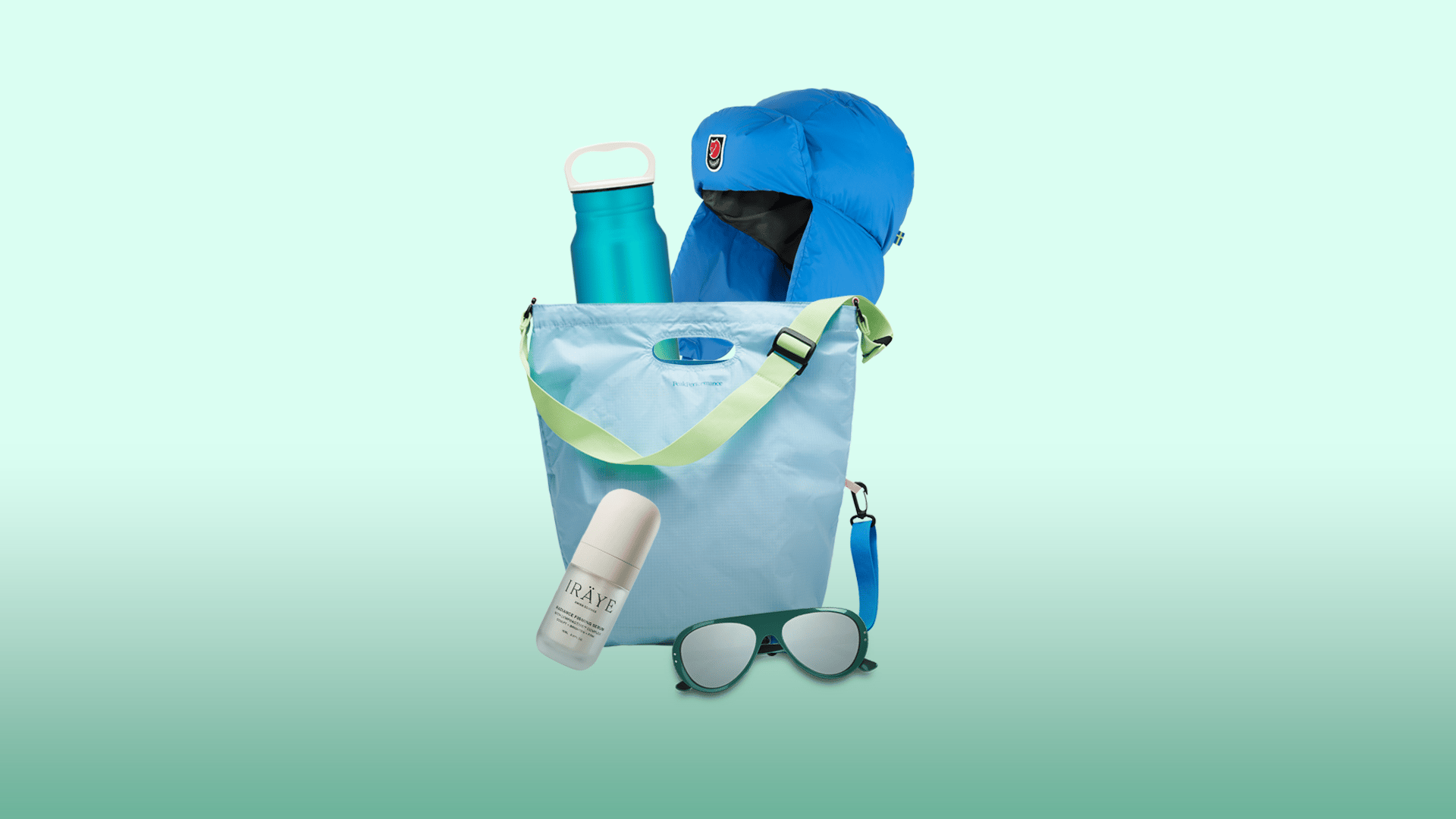 A light blue bag holds a water bottle, blue hat, roll-on serum, and green sunglasses.