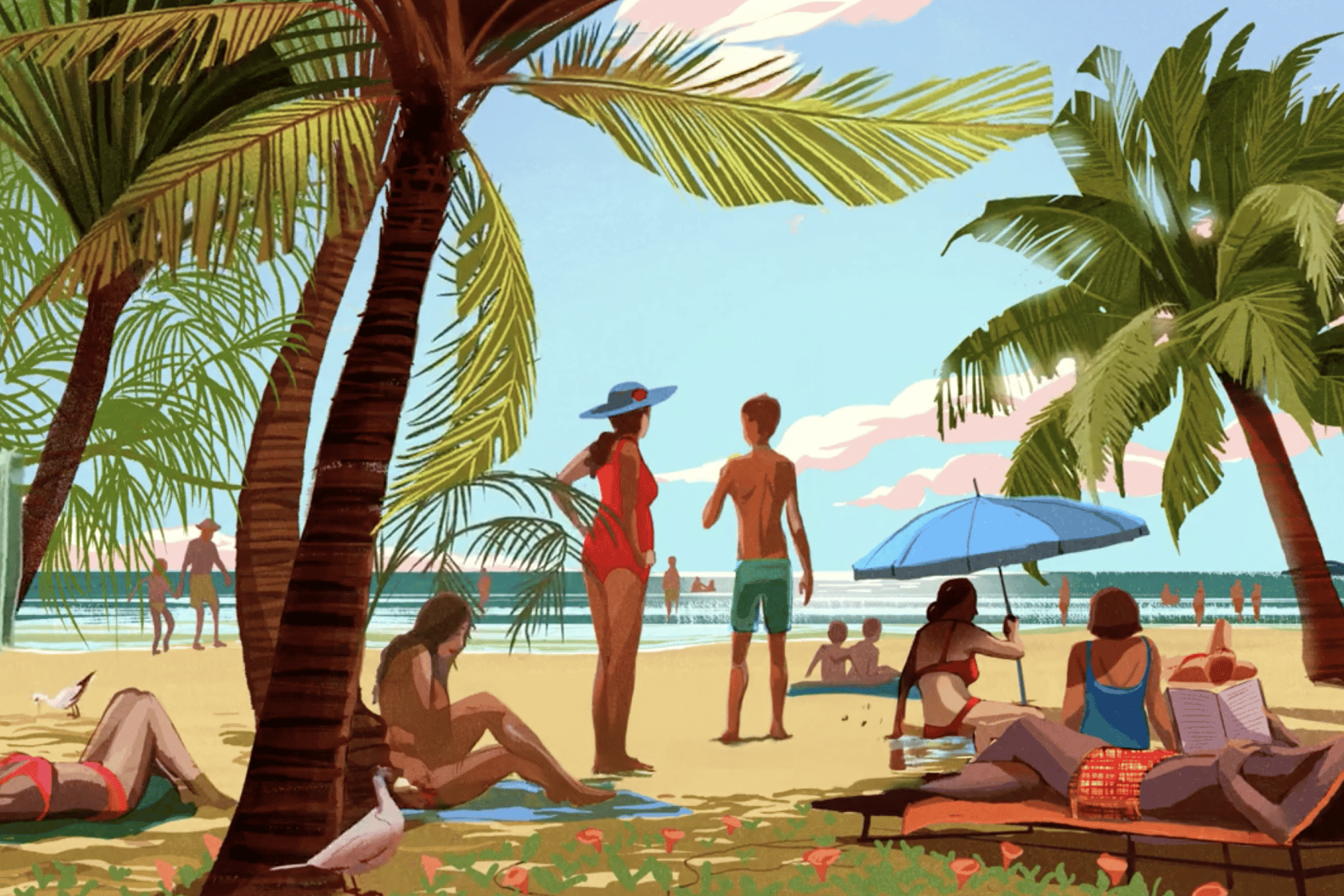 Illustration of a sunny beach scene with palm trees, people swimming and relaxing on the sand.