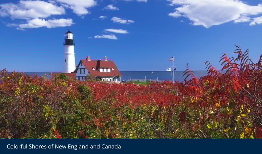 Lighthouse and red-roofed house with vibrant red fall foliage by the blue ocean.