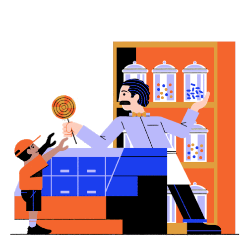 A shopkeeper behind a counter gives a lollipop to a child.
