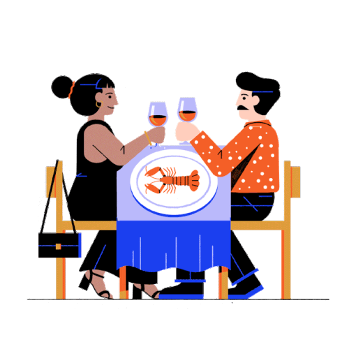 Two people toasting with wine over a lobster dinner.