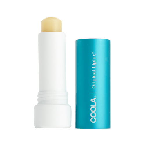 Open COOLA Original Liplux lip balm: white stick, turquoise cap.