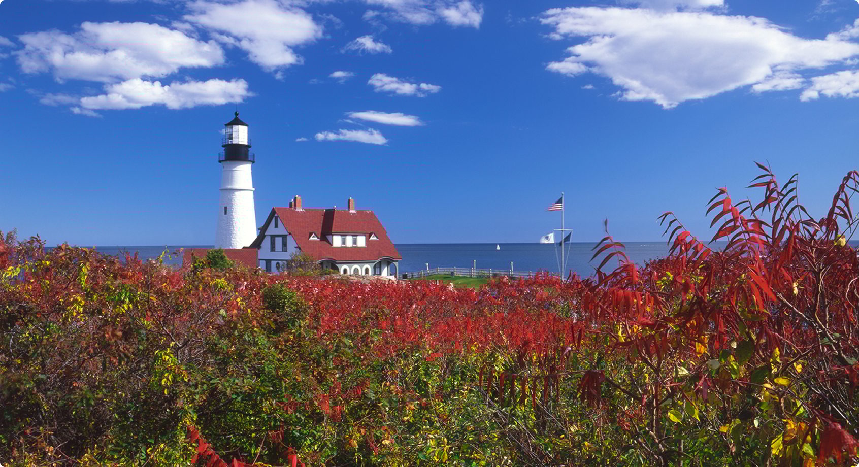 White lighthouse, red-roofed building, and ocean, framed by vivid red autumn foliage under blue sky.