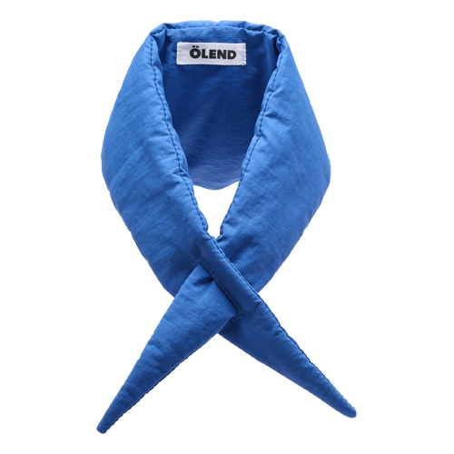 Blue padded scarf with ÖLEND label, crisscrossed and pointed ends.