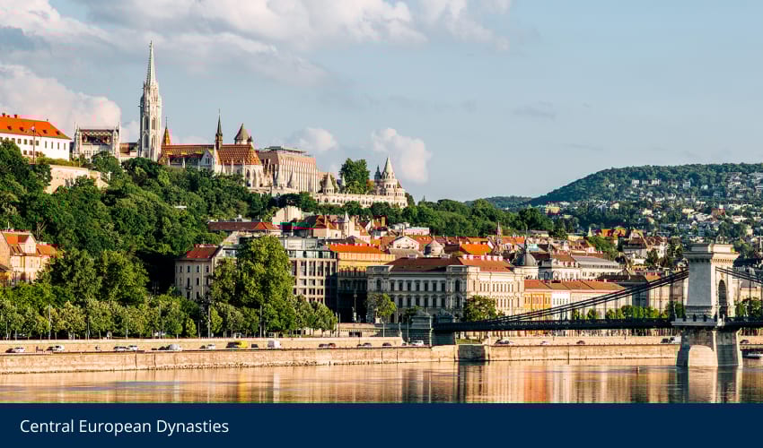 Budapest panorama: Danube, Chain Bridge, Matthias Church, Buda Castle Hill.