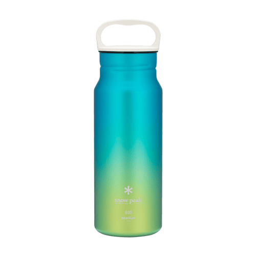 Snow Peak titanium water bottle, blue-green gradient, with a white loop handle.