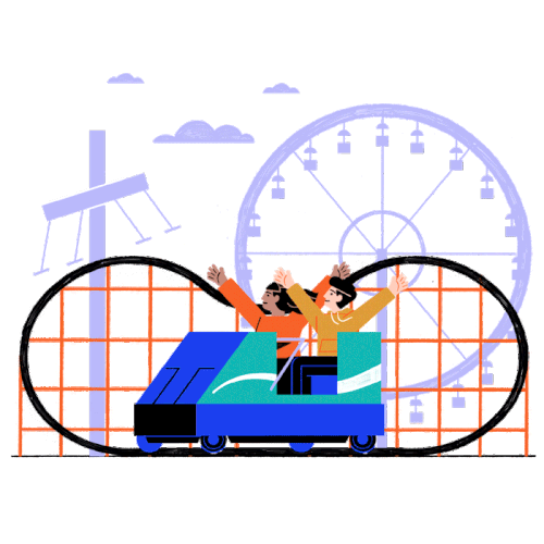 Excited people riding a roller coaster with a Ferris wheel in the background.