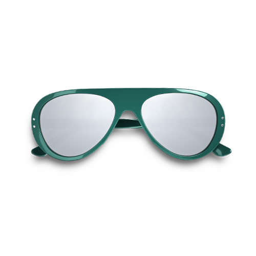 Green aviator sunglasses with silver mirrored lenses.