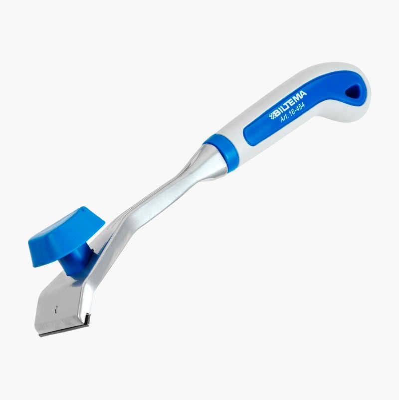 White and blue paint scraper tool with metal blade.