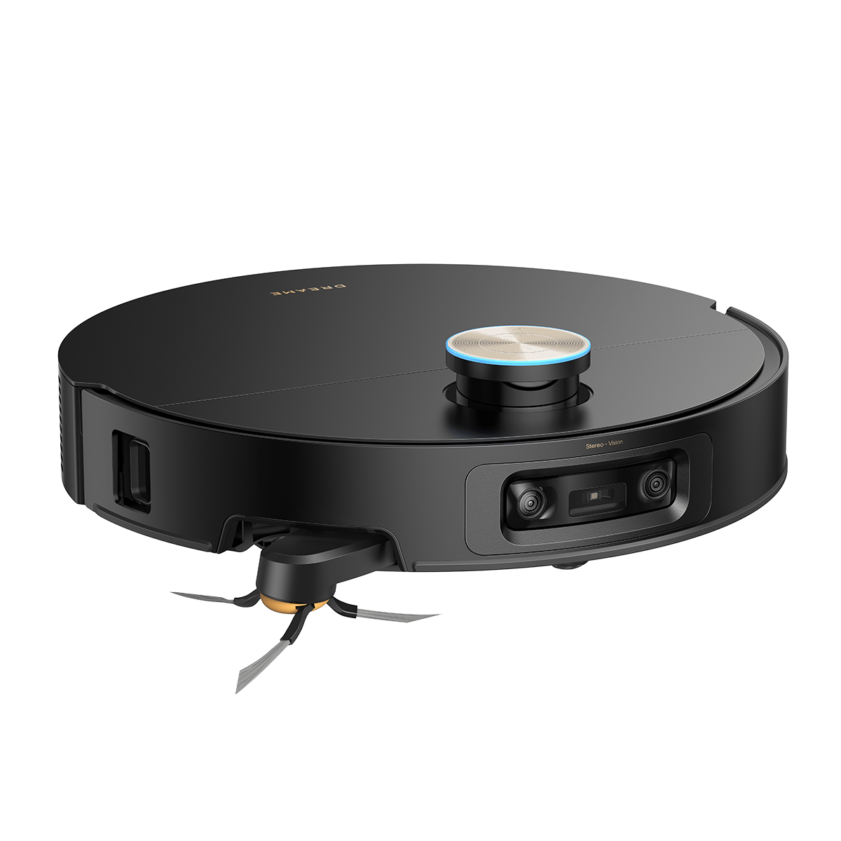 A sleek black robotic vacuum cleaner with a gold and blue accent, a "Stereo-Vision" camera, and side brush.