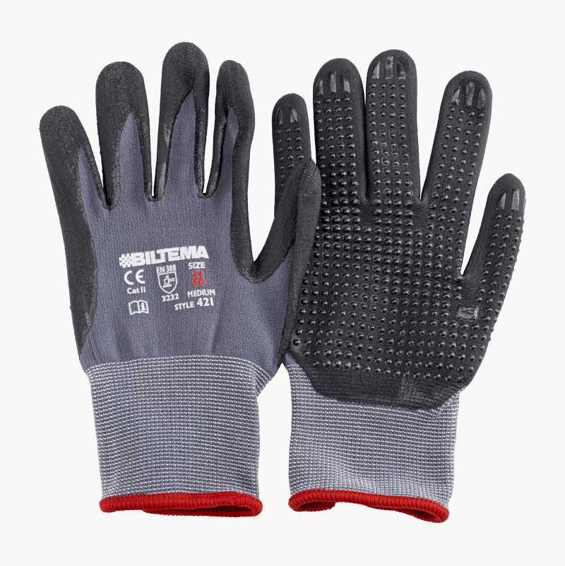Pair of grey and black work gloves with grippy palms.