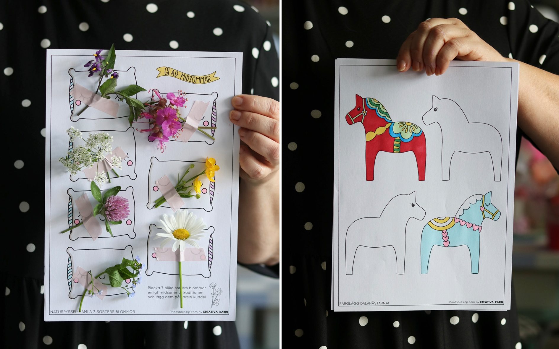 Person holds two craft printouts: Midsummer flower tradition and Dala horse coloring pages.