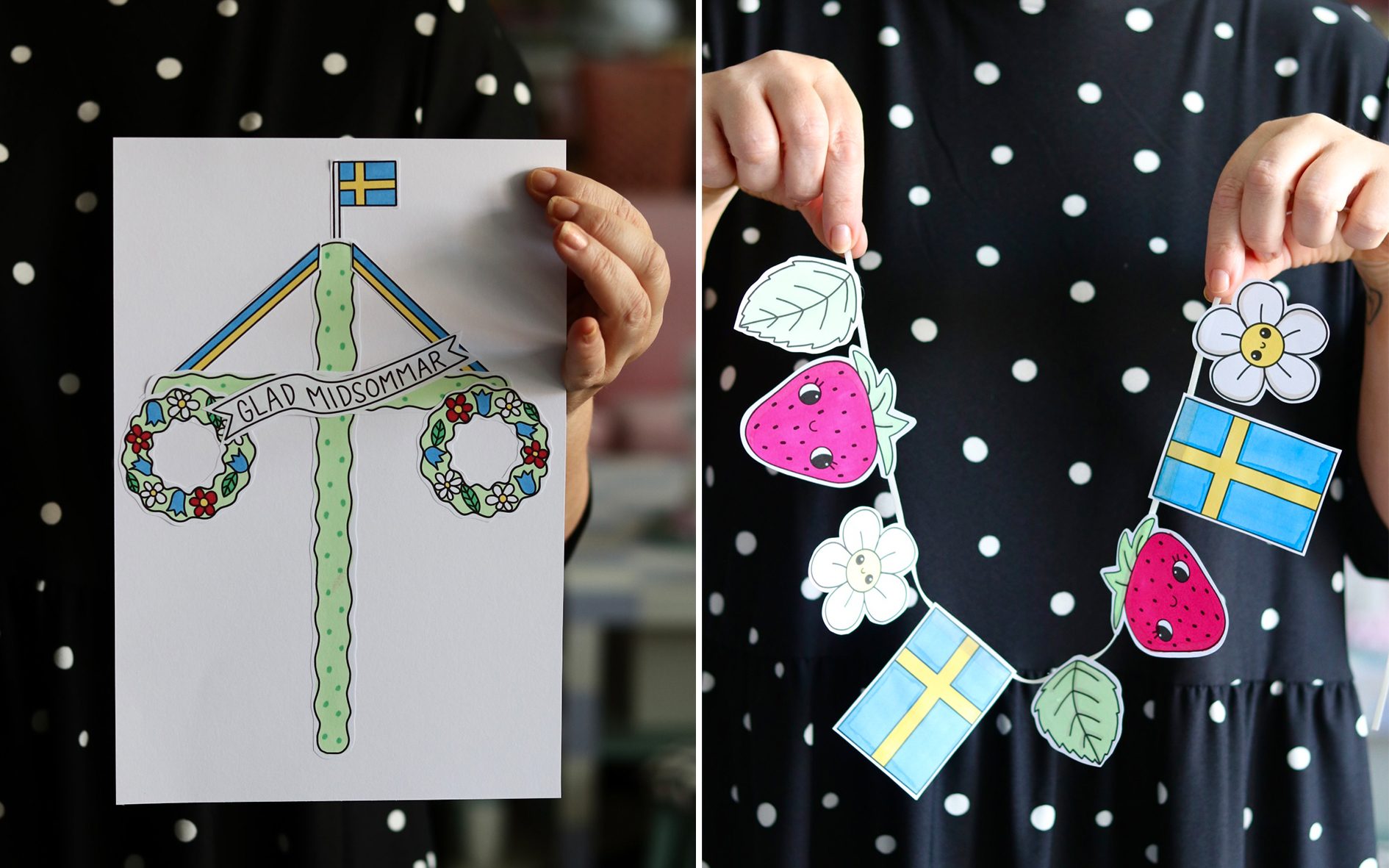 Person holding a Swedish Midsummer card with a decorated pole and a garland with strawberries and flags.