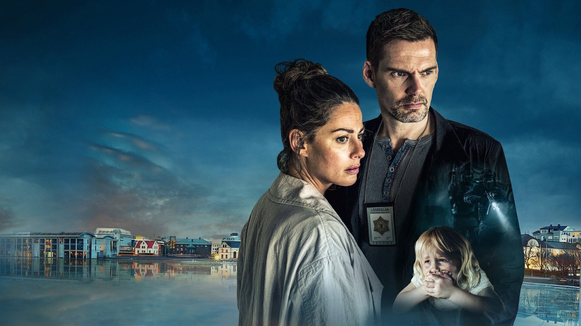 Movie poster: Serious man (police badge), woman, and scared child over a city reflected in water under a dark sky.