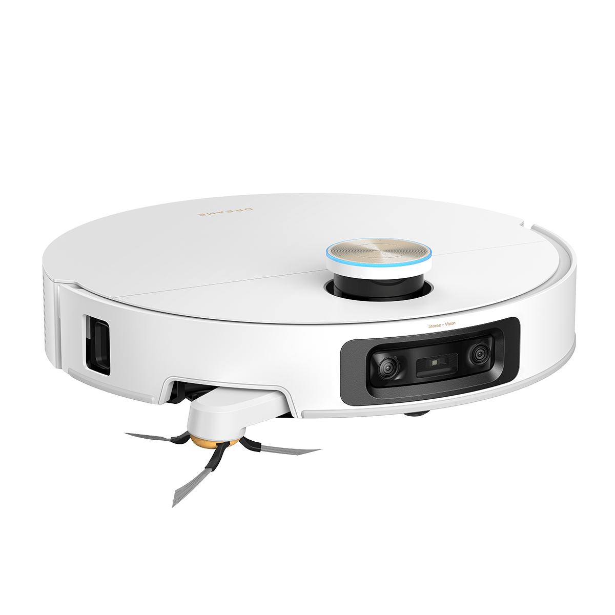 A white circular robot vacuum with a lidar sensor, stereo vision camera, and side brush.