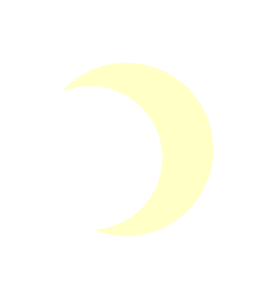 Yellow crescent moon in a stippled white shape on a dark green background.