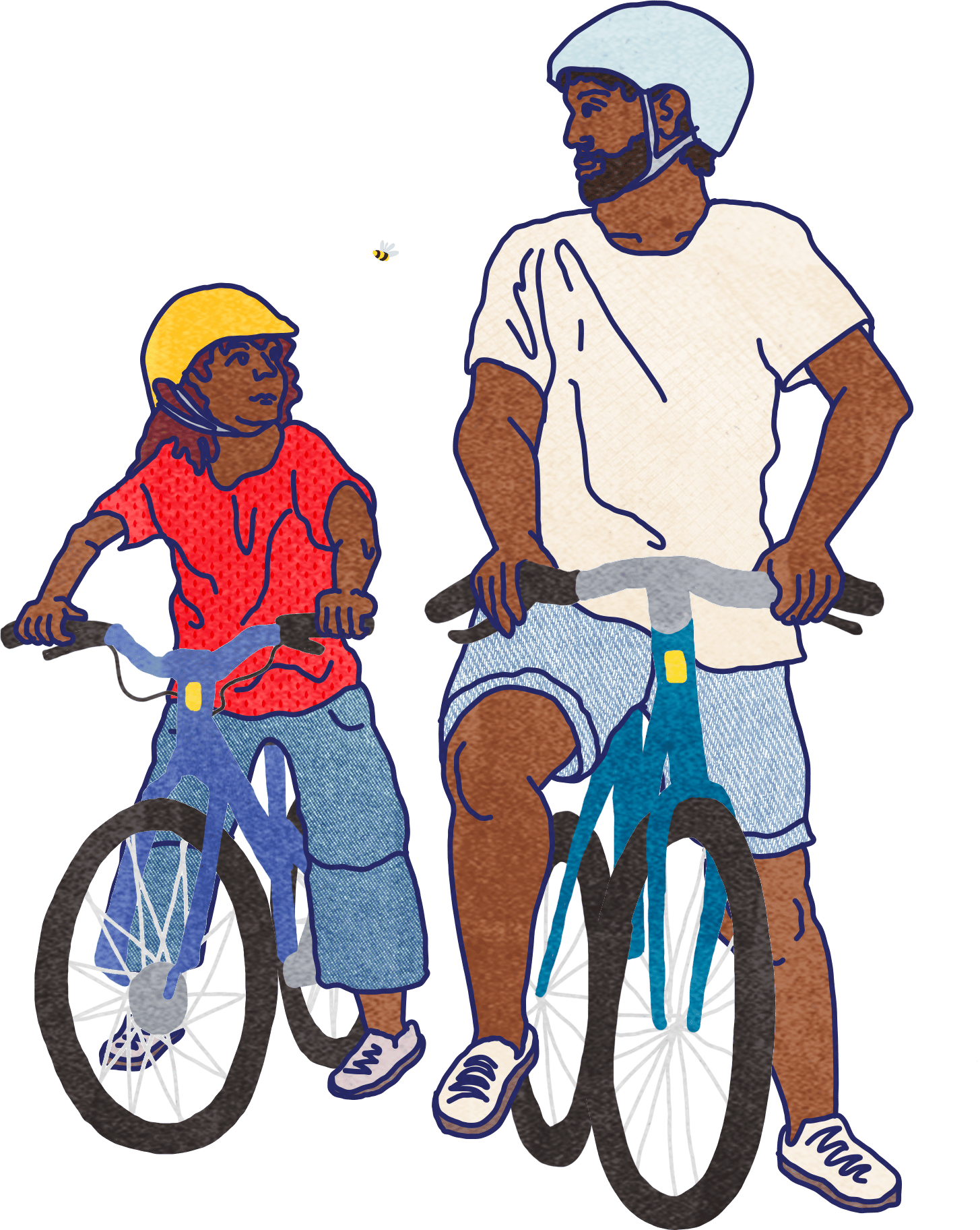 Two people on bikes wearing helmets, with a bee flying between them.