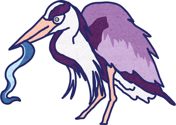 A purple and white heron holds a blue eel in its mouth.