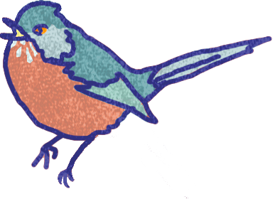 Hand-drawn bird with orange chest, teal back, blue outline, singing.