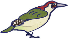 Cartoon green woodpecker with a red head.