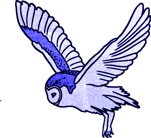 Stylized blue owl flying with wings outstretched.