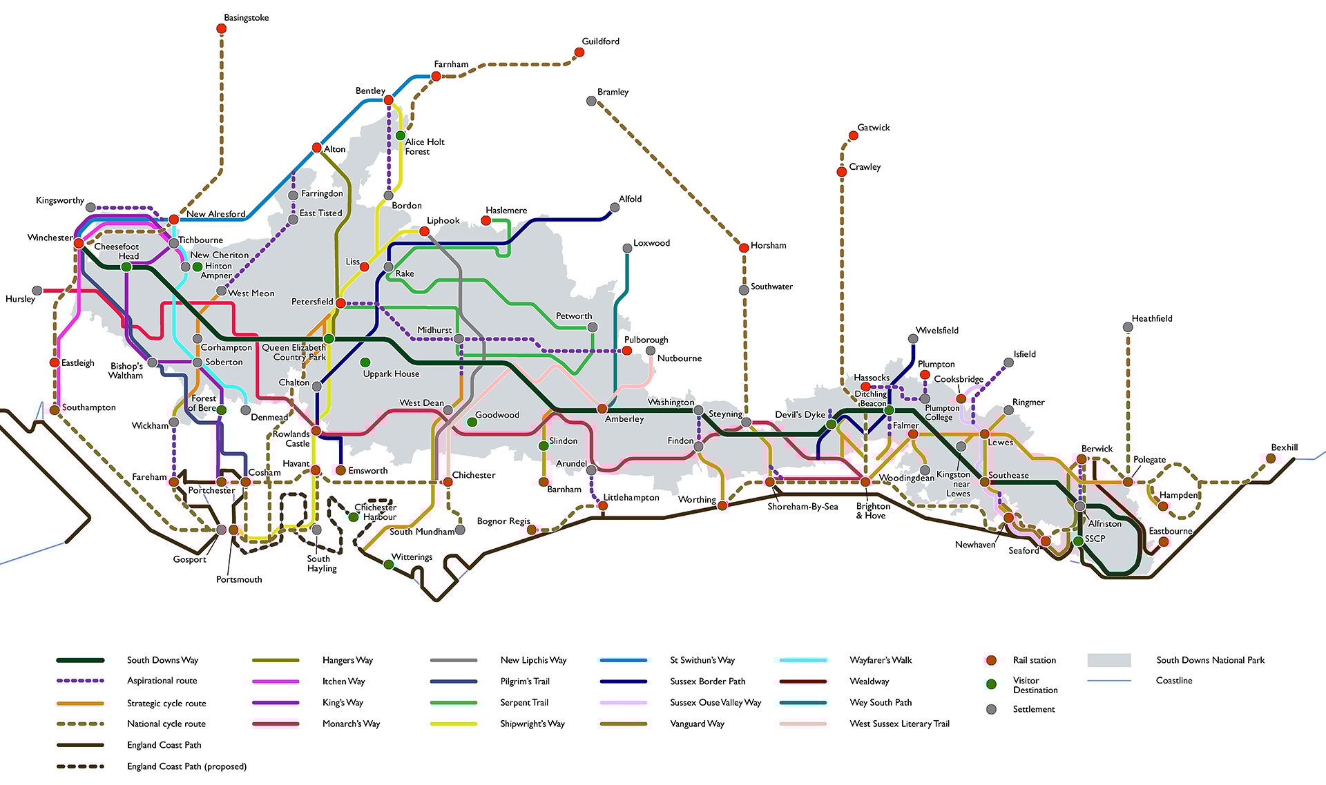Map of South Downs National Park region, showing walking/cycle trails, towns, and transport links.