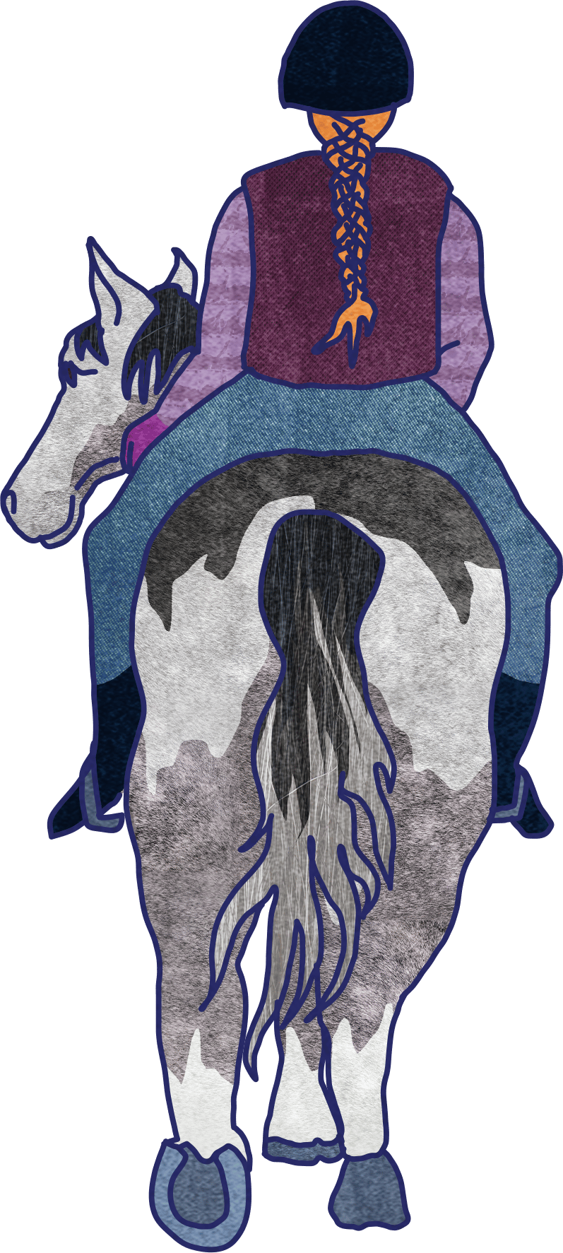 Textured illustration of a rider with an orange braid and helmet on a grey horse, seen from behind.