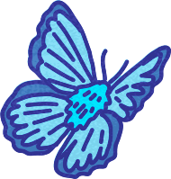 Stylized blue butterfly illustration with textured wings.