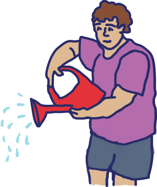 Drawing of a person in a purple shirt watering with a red watering can, water splashing out.
