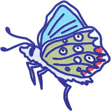 Stylized butterfly with light blue and pale green wings, dark blue outlines, and red markings.