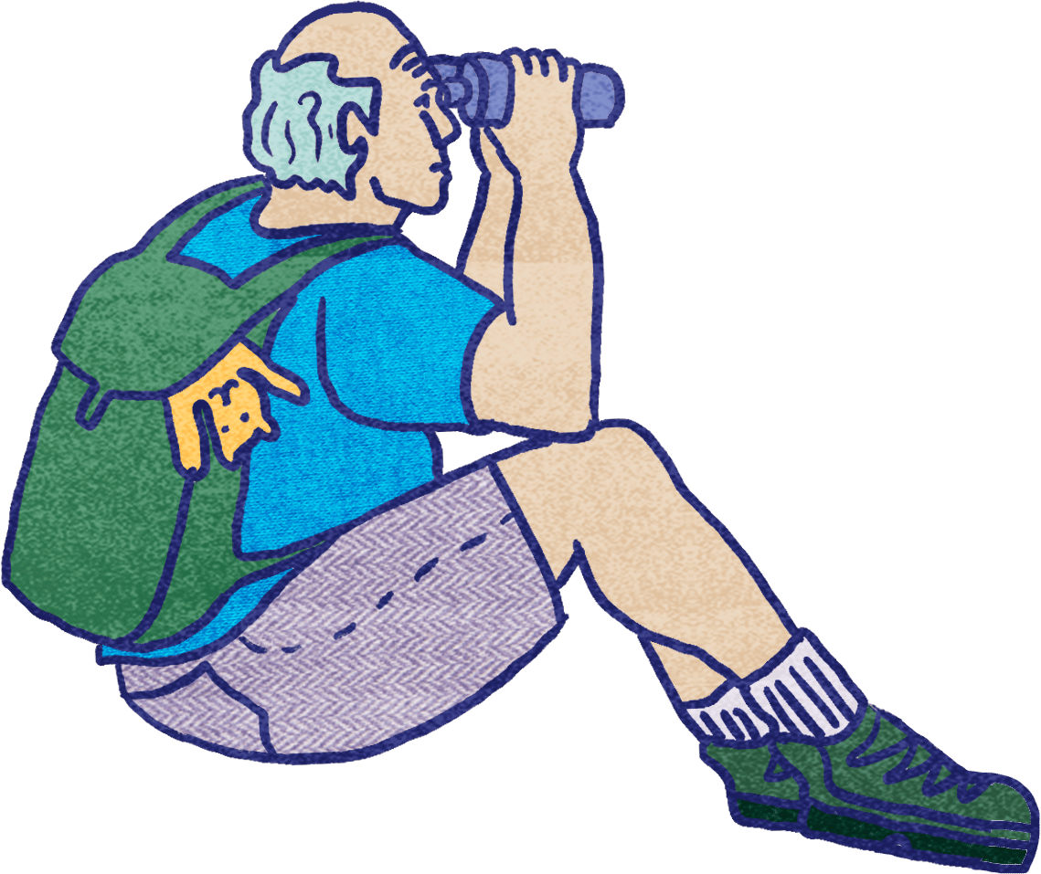 Person sitting, using binoculars, with a cat in their backpack.