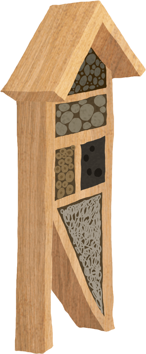 Wooden insect hotel with various natural materials in its compartments.