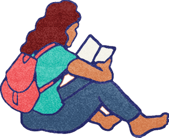 Textured illustration of person sitting, reading book, red backpack.